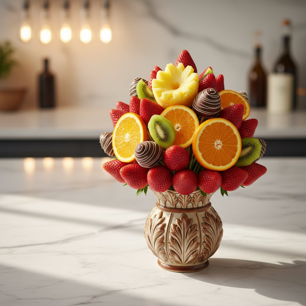 Fresh fruit bouquet with strawberries and chocolate-covered fruits arranged in decorative composition